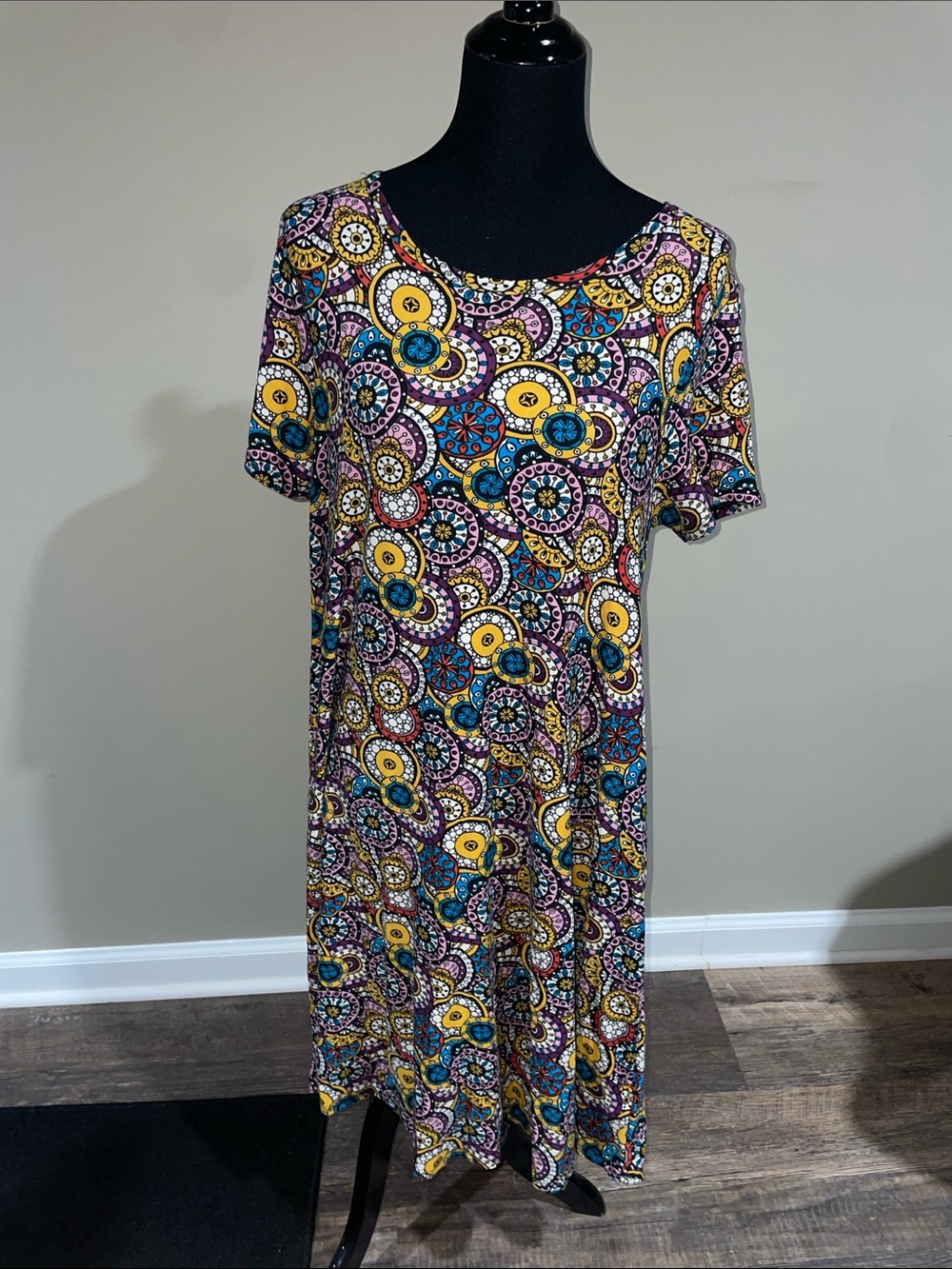 LuLaRoe Multicolor Medallion Midi Dress in Yellow, Teal, Purple, Pink, Cream